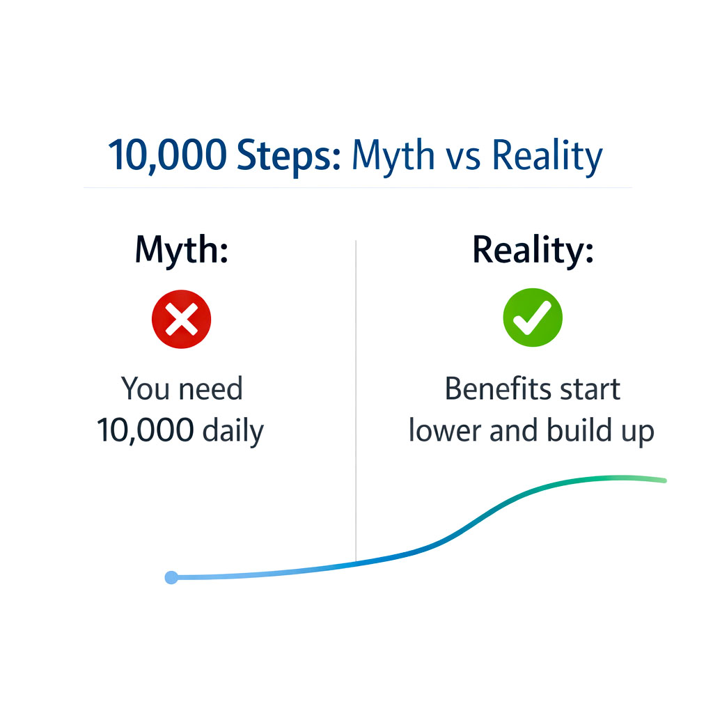 Infographic comparing the myth versus reality of 10,000 steps per day