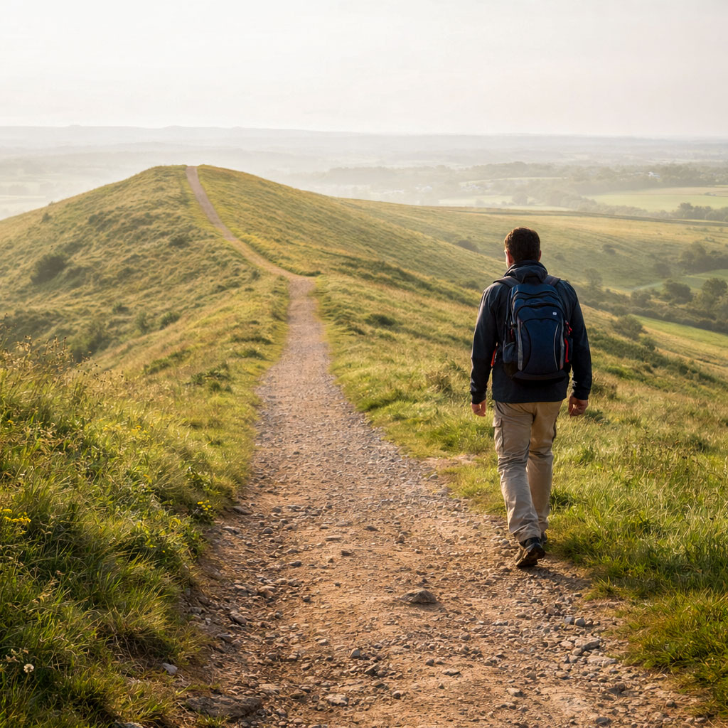 A UK countryside path that climbs steeply then levels out onto a plateau