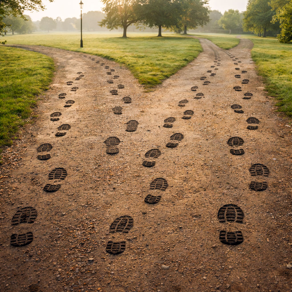 UK park path with multiple footprint trails of different lengths