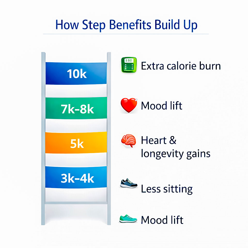 Infographic ladder illustrating how walking benefits build as daily step counts increase