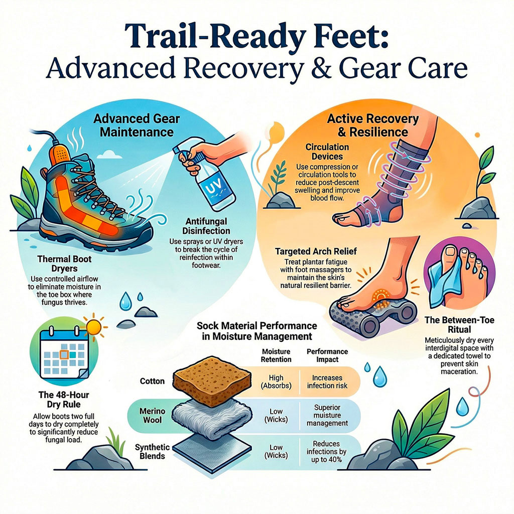 Clinical hiker infographic on advanced foot care and gear maintenance. Features include thermal boot dryers for moisture elimination in the toe box, UV antifungal disinfection for gear, active recovery using circulation devices, targeted arch relief with foot massagers, and a material performance table comparing moisture retention and infection risk across cotton, merino wool, and synthetic blends.