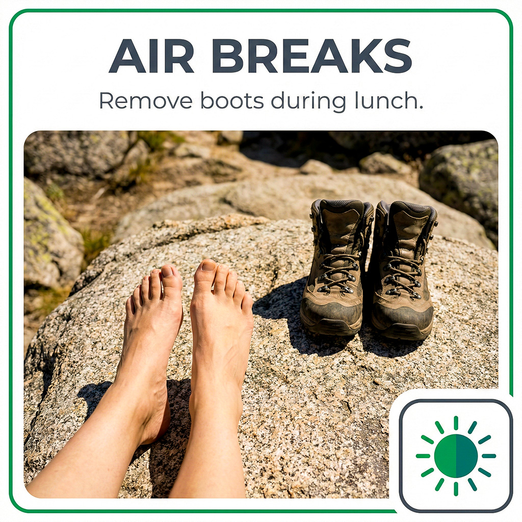 A hiker airing out their feet during a lunch break to reduce moisture build-up.