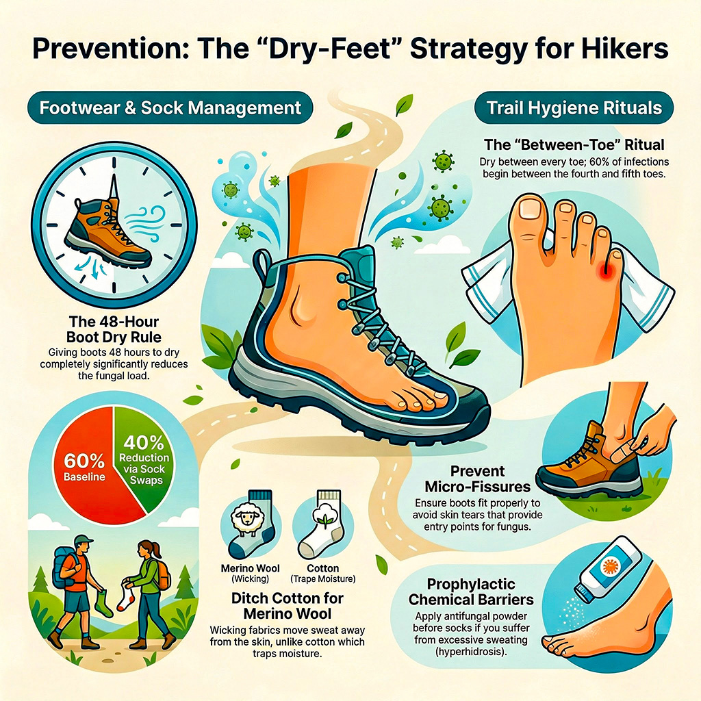 Educational infographic detailing the 'dry-feet' strategy for hikers to prevent athlete's foot. Key points include the 48-hour boot dry rule, a comparison between moisture-wicking merino wool and moisture-trapping cotton socks, the 40% reduction in infection risk via mid-hike sock swaps, preventing micro-fissures with proper boot fit, the between-toe drying ritual, and using prophylactic antifungal powders for hyperhidrosis.