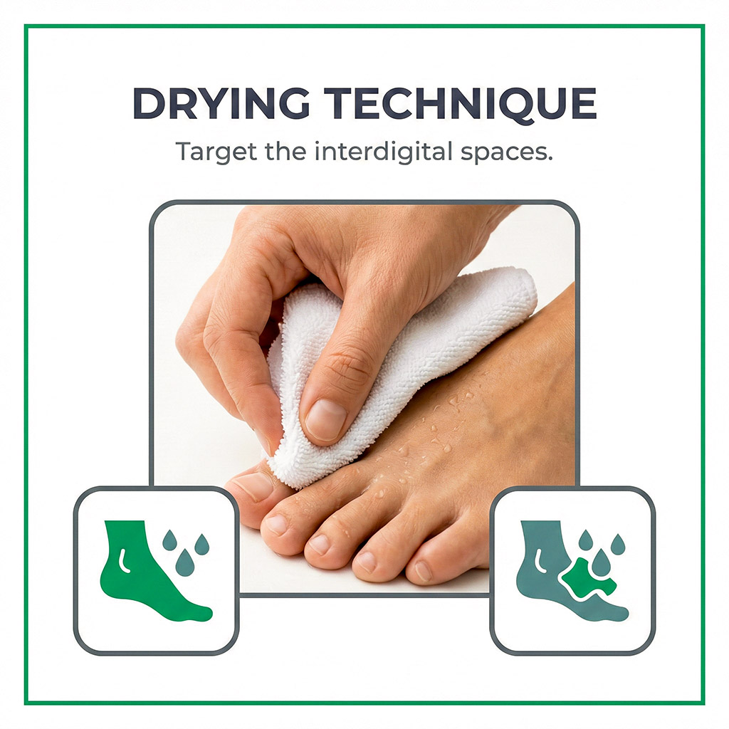 Close-up of a hiker drying between their toes to maintain hygiene on the trail.