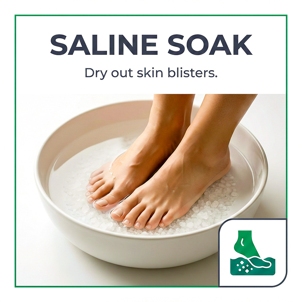 A hiker using a salt-water foot soak to soothe inflammation and dry out blisters.