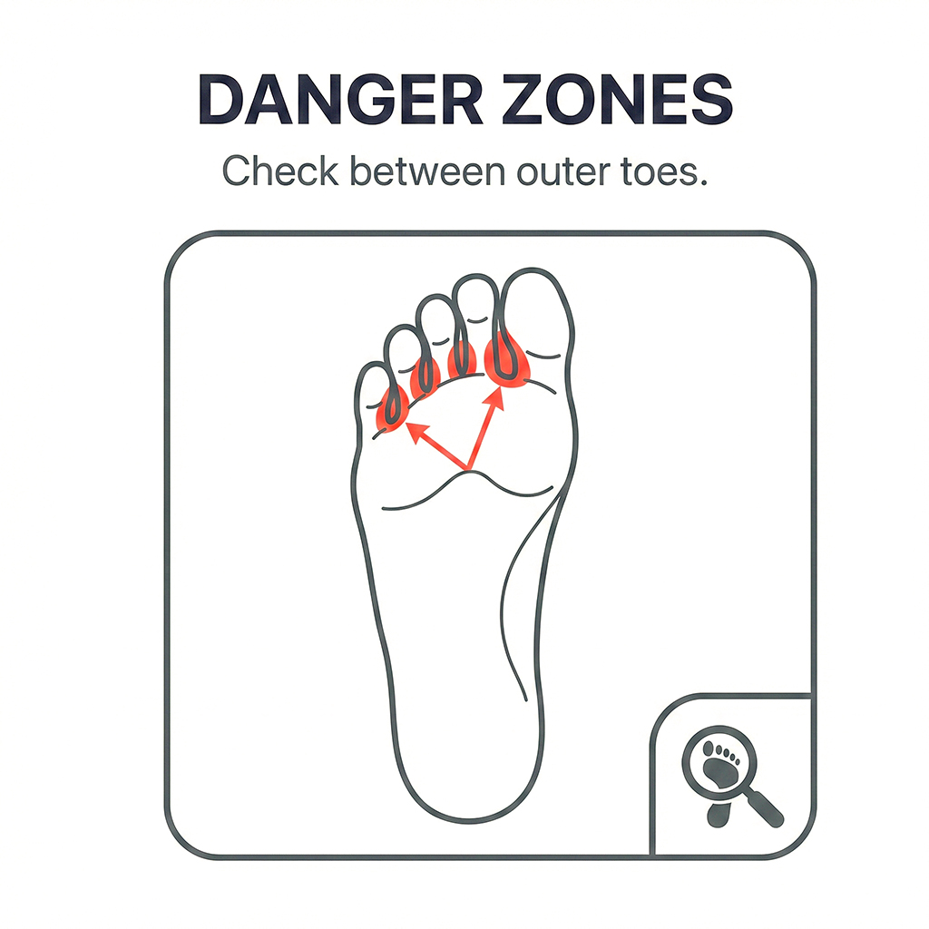 Infographic showing common areas for Tinea pedis to develop on the foot.