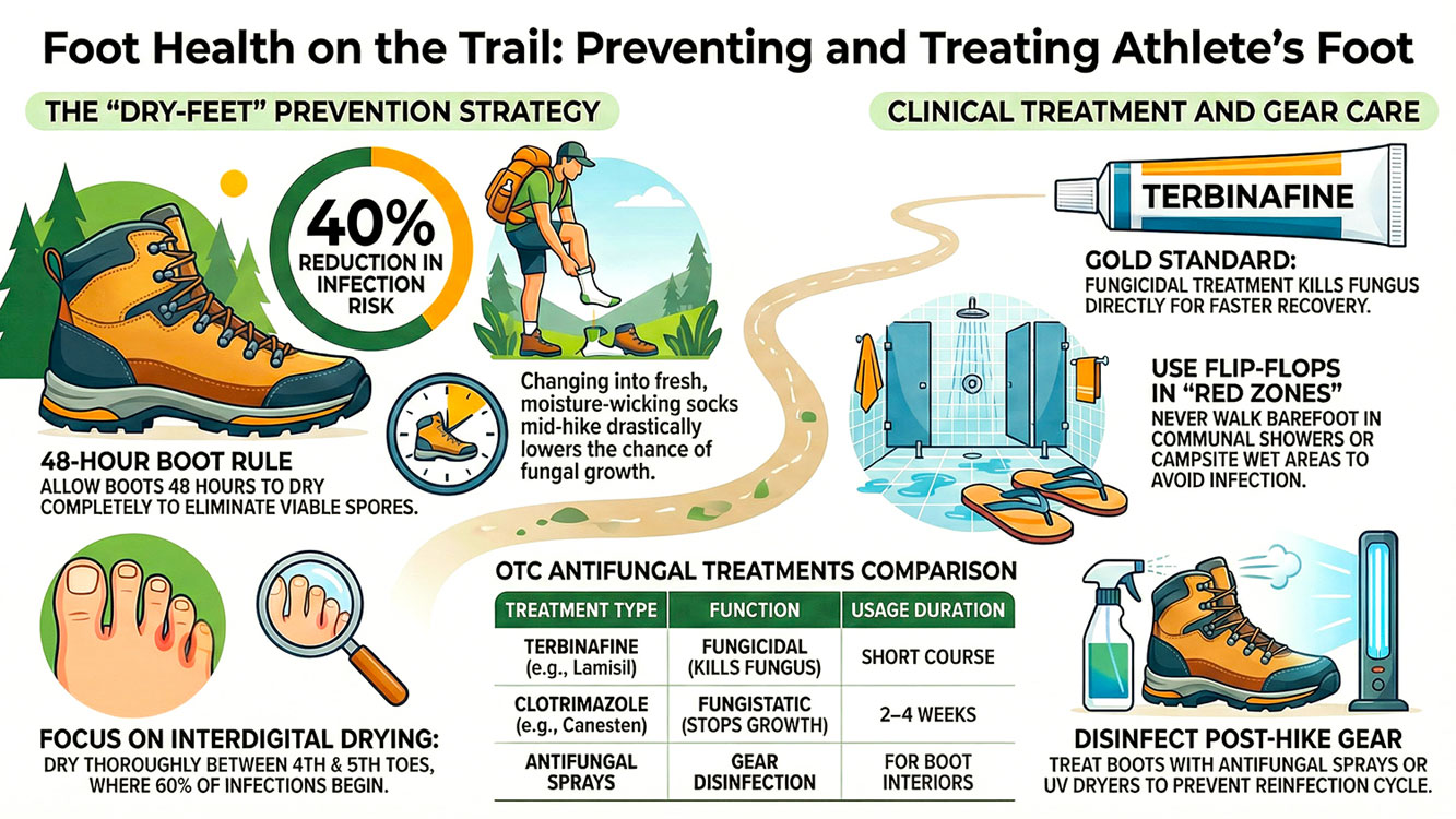 Infographic presenting a two-pronged treatment plan for hikers. Includes choosing antifungal medications like fast-acting Terbinafine or Azoles, utilizing trail-side home care like saltwater soaks and tea tree oil, and sanitizing boots with antifungal sprays. The 'Red Zone' section emphasizes avoiding communal risks by never walking barefoot in shared showers and keeping gear like towels and clippers private.