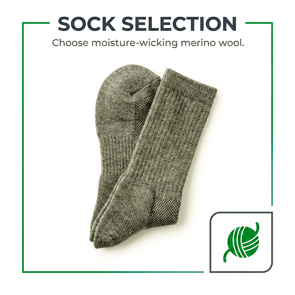 High-end moisture-wicking merino wool socks used for hiker foot care.