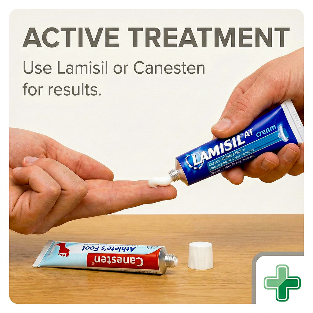 Applying Lamisil and Canesten creams as a clinical athlete's foot treatment.