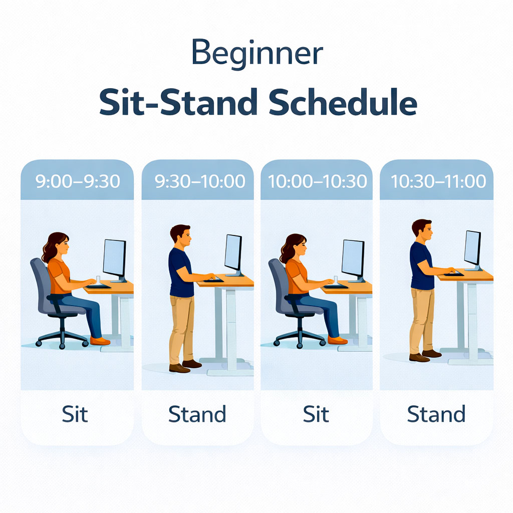 Simple sit-stand schedule infographic showing how to alternate sitting and standing