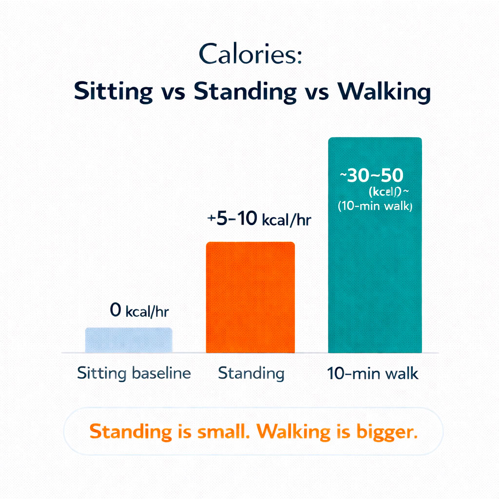 Bar chart showing calories burned when sitting, standing, and during a short walk