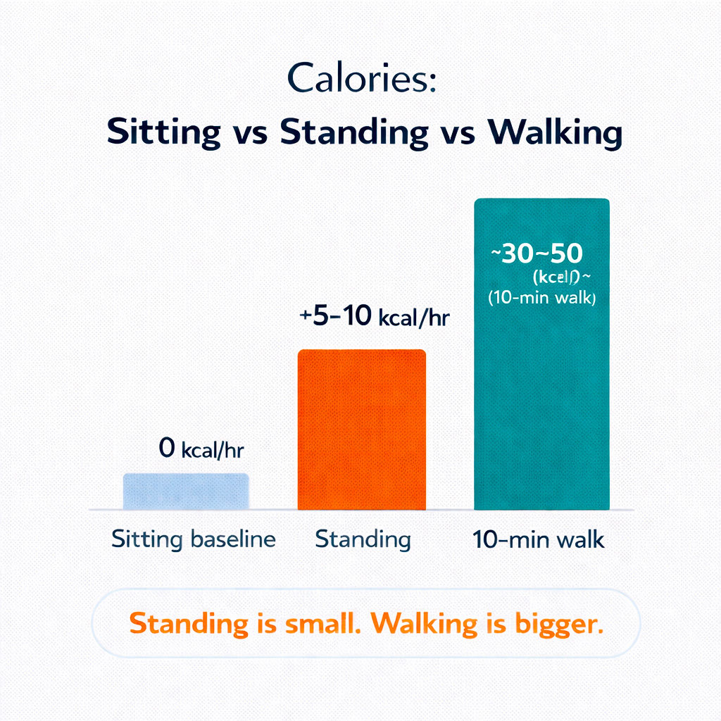 Infographic comparing sitting, standing and walking by relative health impact