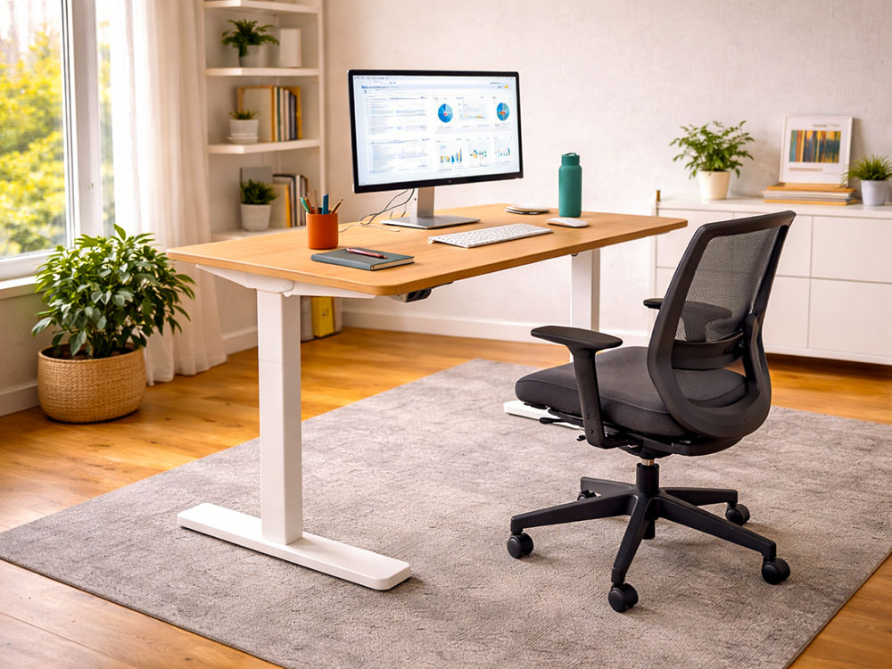 Minimal home office with adjustable standing desk set up for work