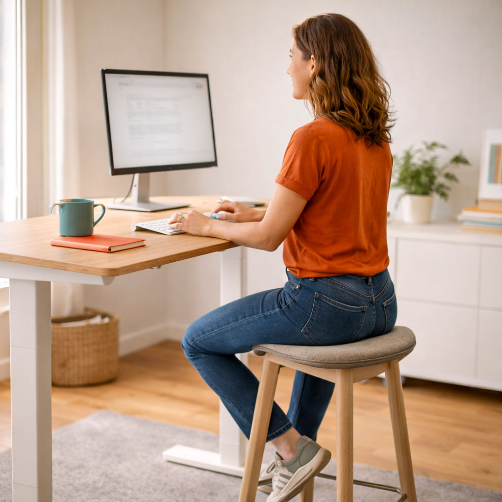 Person using a perching stool at a standing desk to alternate sitting and standing