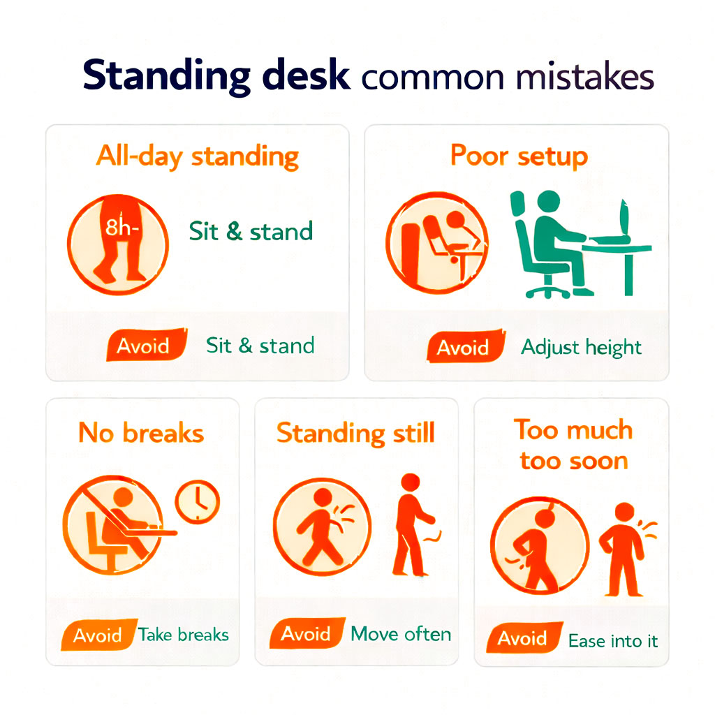 Grid infographic highlighting poor standing desk habits and safer alternatives