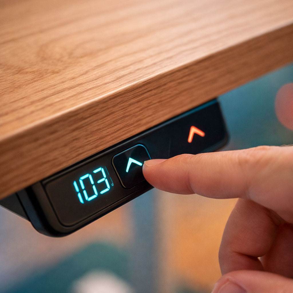 Close-up of standing desk control panel being pressed to raise desk height