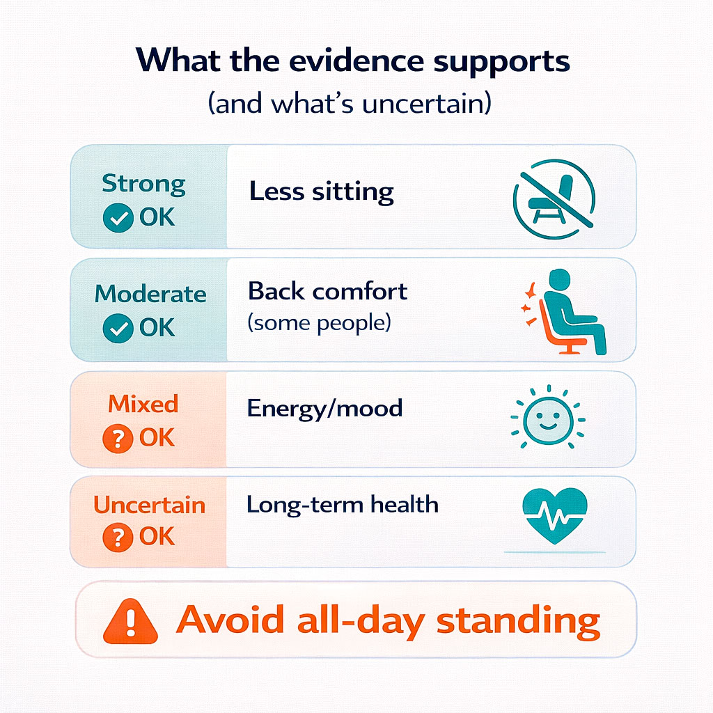 Infographic summarising what standing desk research supports and what is uncertain