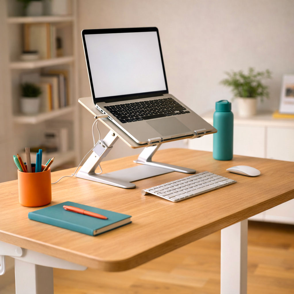 Laptop on a riser with external keyboard and mouse set up for a standing desk