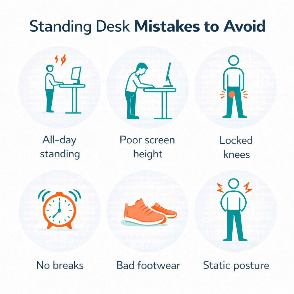 Infographic showing common standing desk mistakes such as all-day standing and no breaks