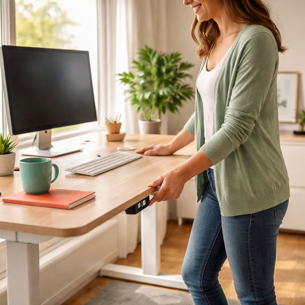 Person adjusting a height-adjustable standing desk from sitting to standing position in a home office