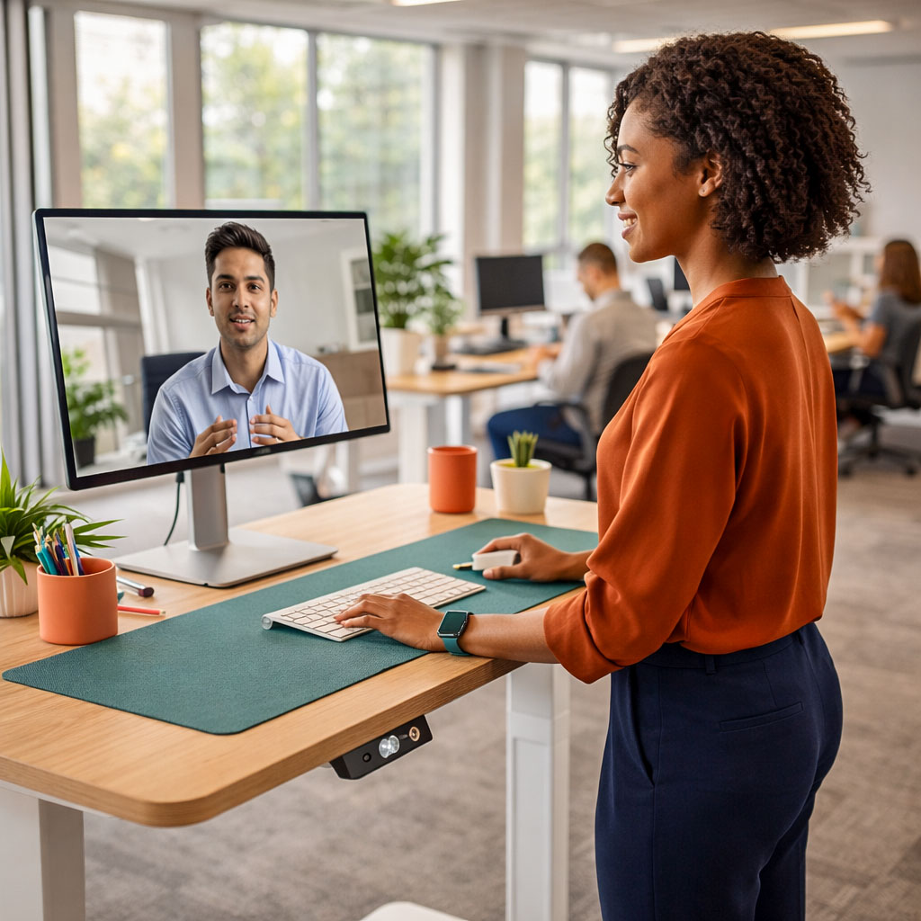 Office worker standing at an adjustable desk during a video call, showing correct standing desk posture