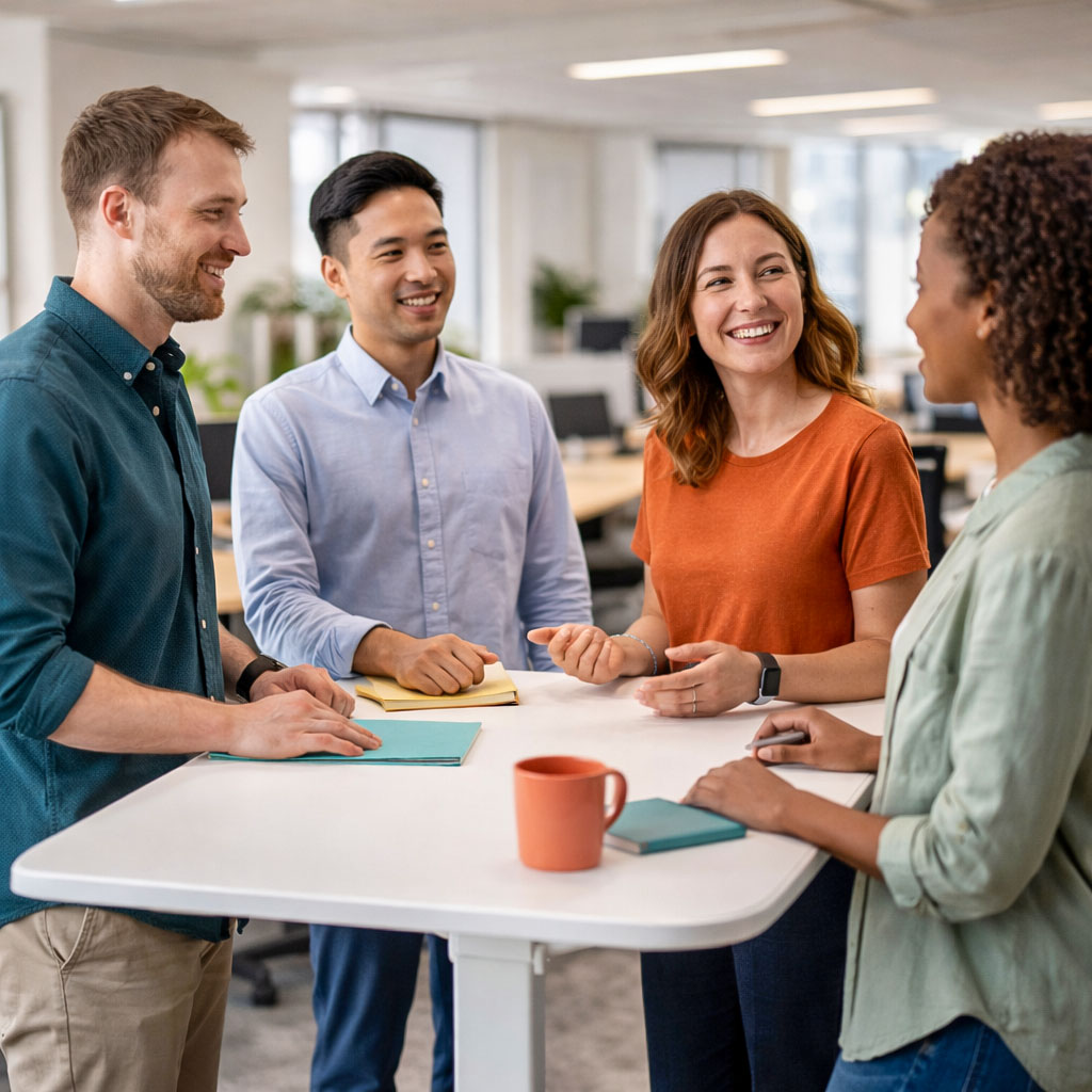 Colleagues holding a standing meeting around a high desk in a modern office
