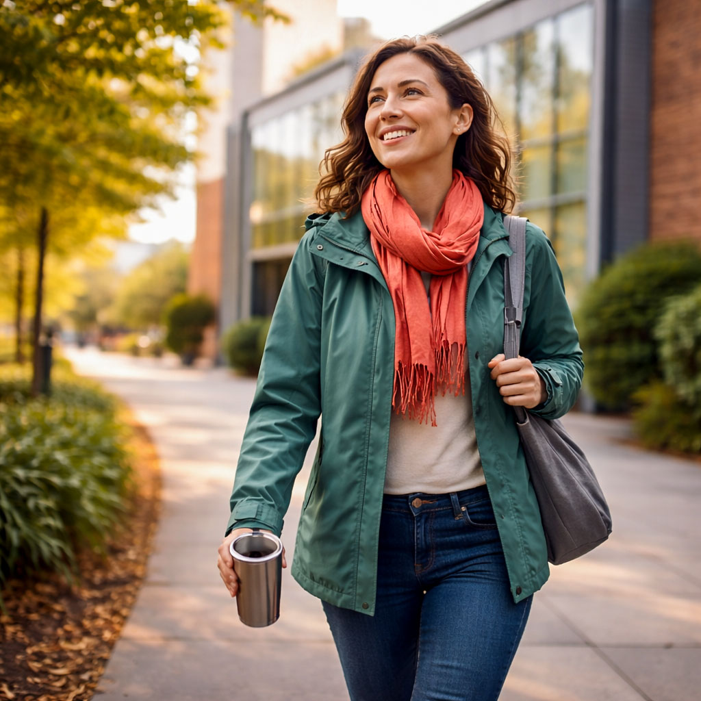 Office worker taking a short walking break outside to reduce sitting time