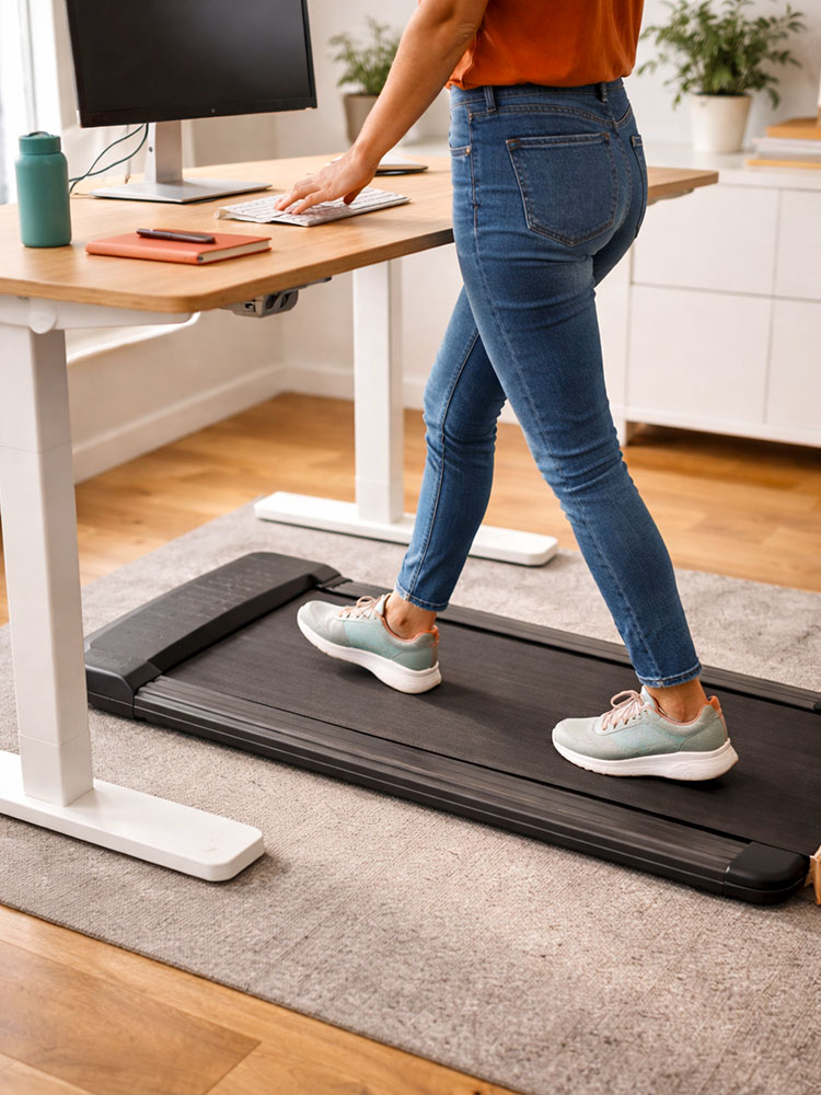 Walking pad treadmill being used under a standing desk during light walking