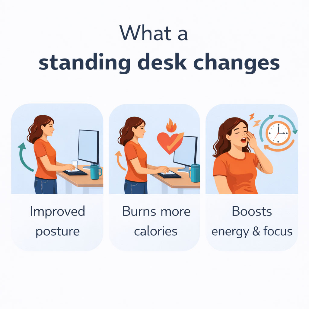 Infographic showing how a standing desk reduces sitting time and increases posture variation