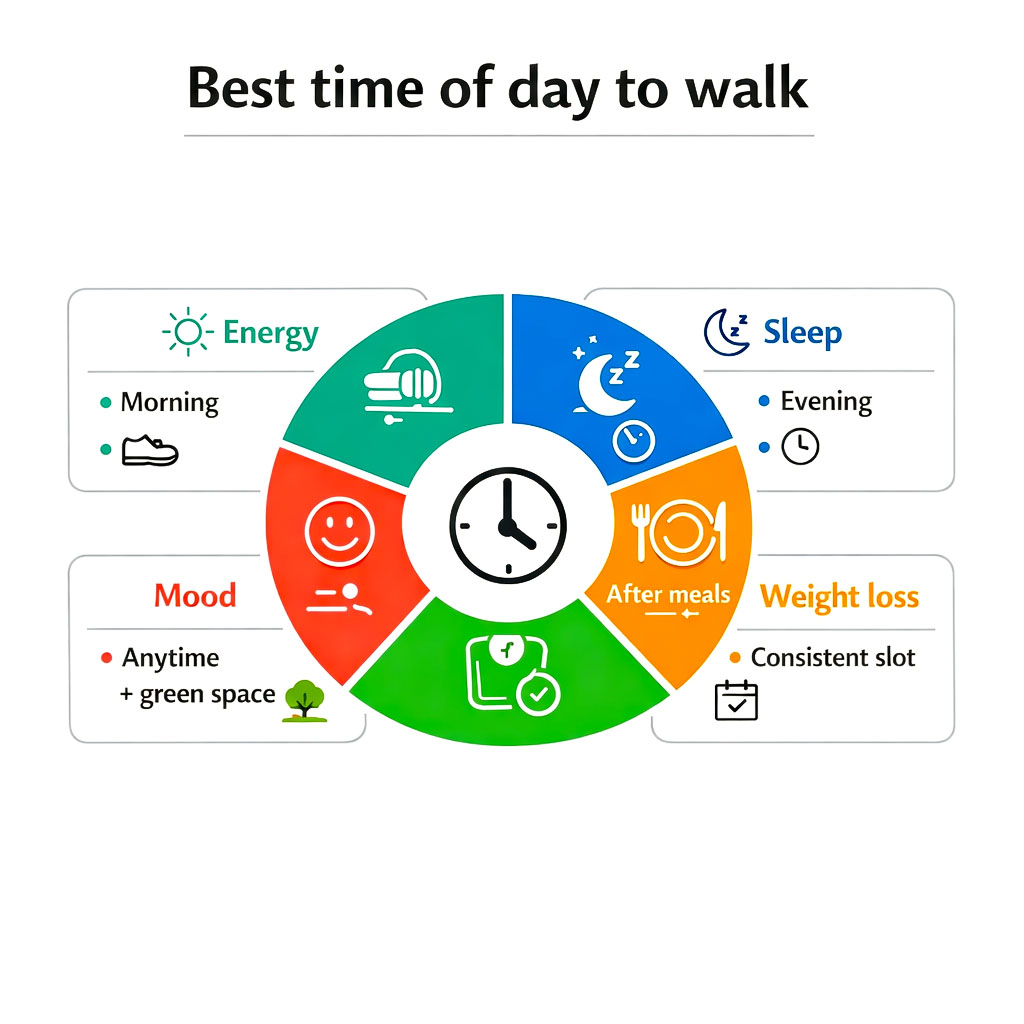 Infographic wheel showing the best time of day to walk based on goals like energy, sleep, and blood sugar