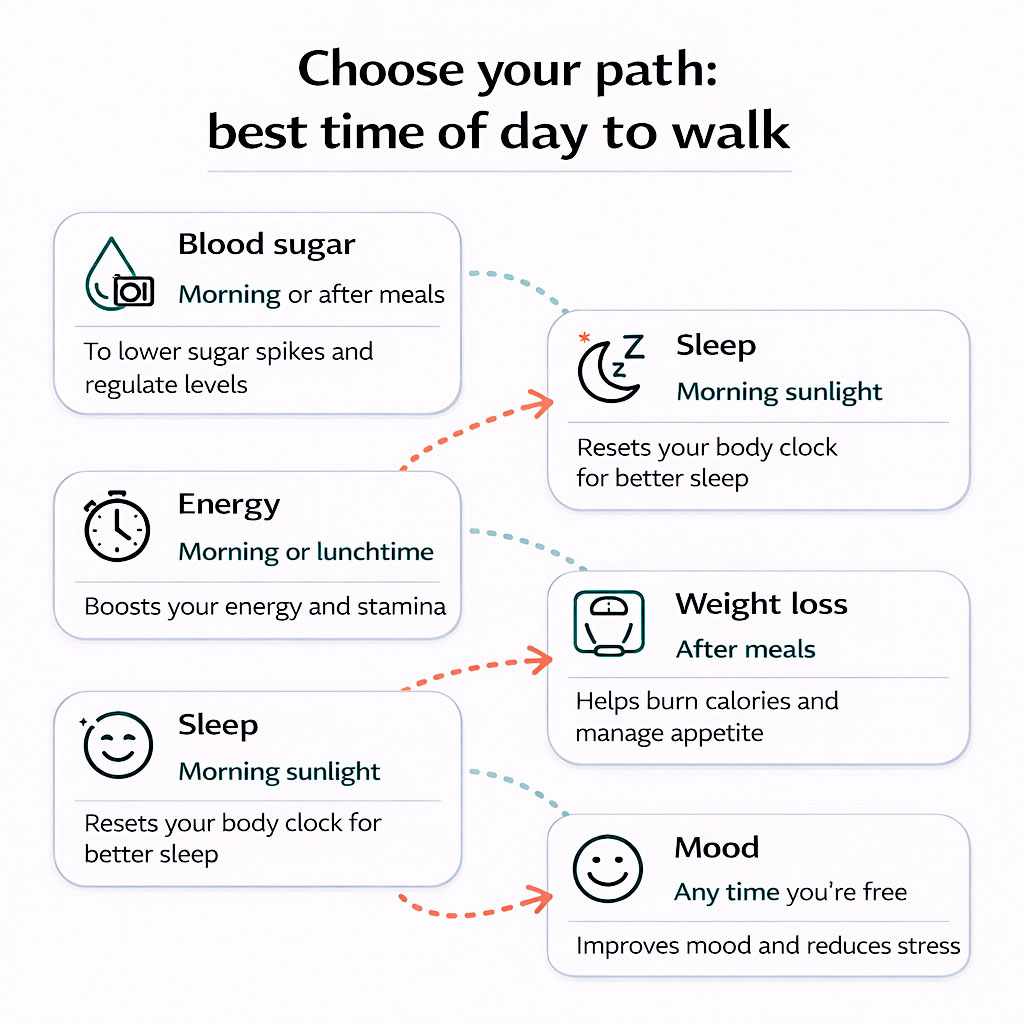 Flowchart infographic helping readers find the best walking time for blood sugar, sleep, energy, weight loss, or mood