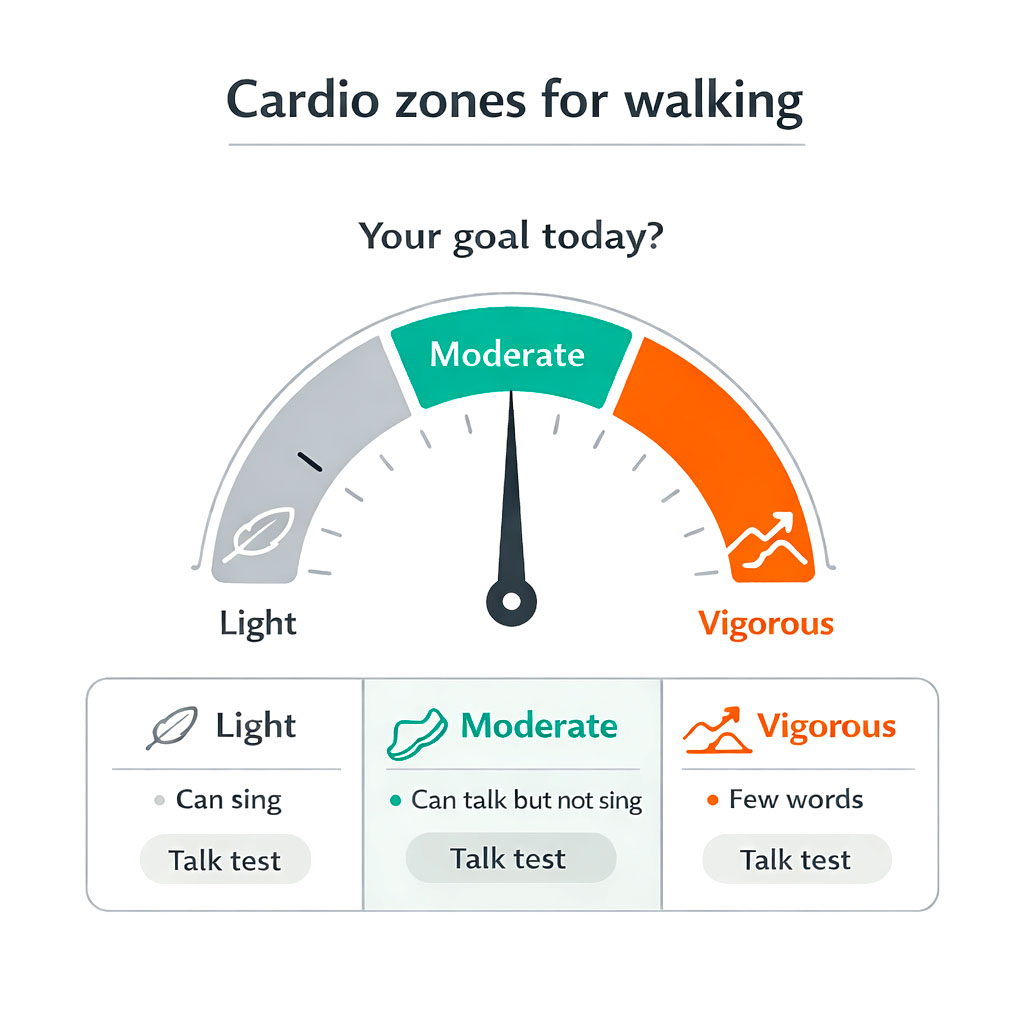 Infographic showing light, moderate, and vigorous cardio zones for walking with simple explanations