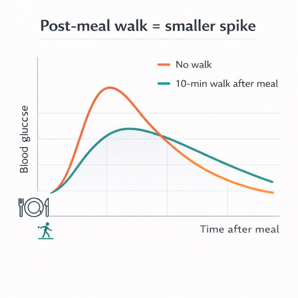Line graph comparing blood sugar levels with and without a post-meal walk
