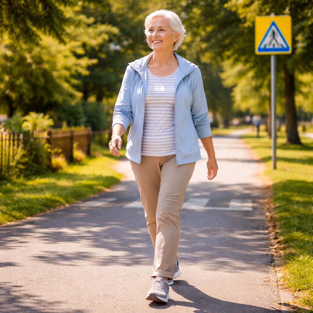 Older adult walking confidently on a well-lit daytime path, showing the importance of safety and daylight walking