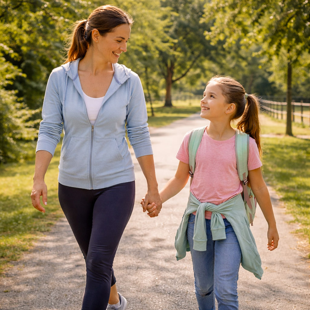 Parent and school-age child walking together on a safe path, showing walking as an inclusive family activity