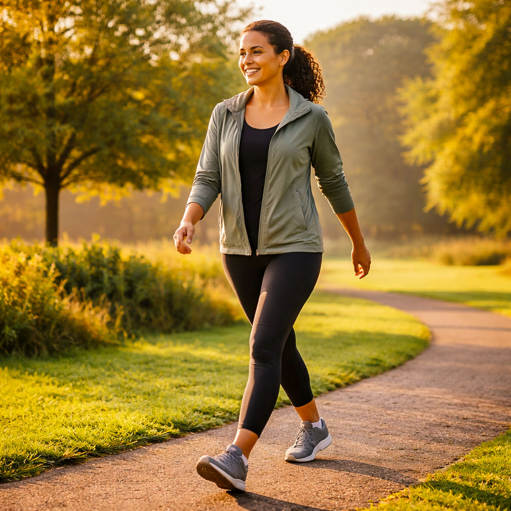 Person brisk walking in a UK park in the early morning, showing how a morning walk can boost energy and alertness
