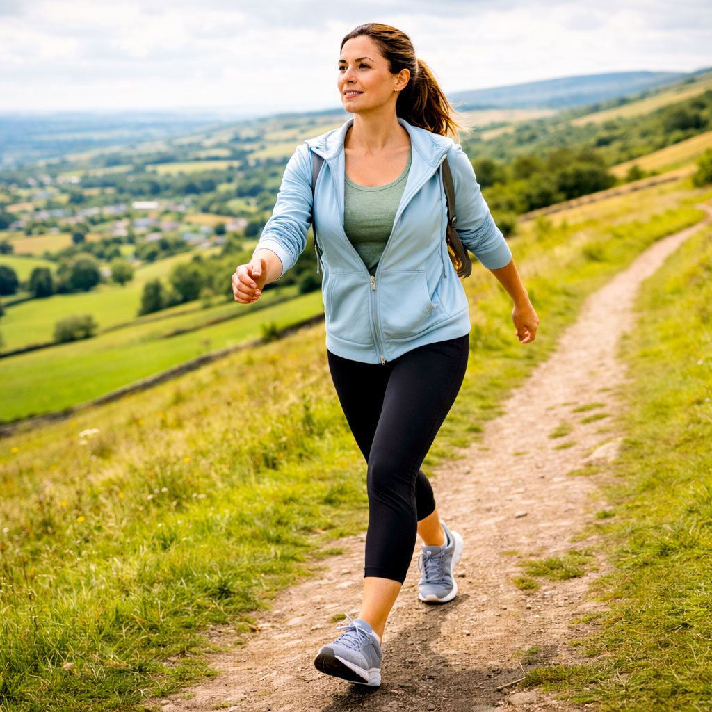 Person power walking uphill in the countryside, illustrating how hills increase walking intensity for fitness