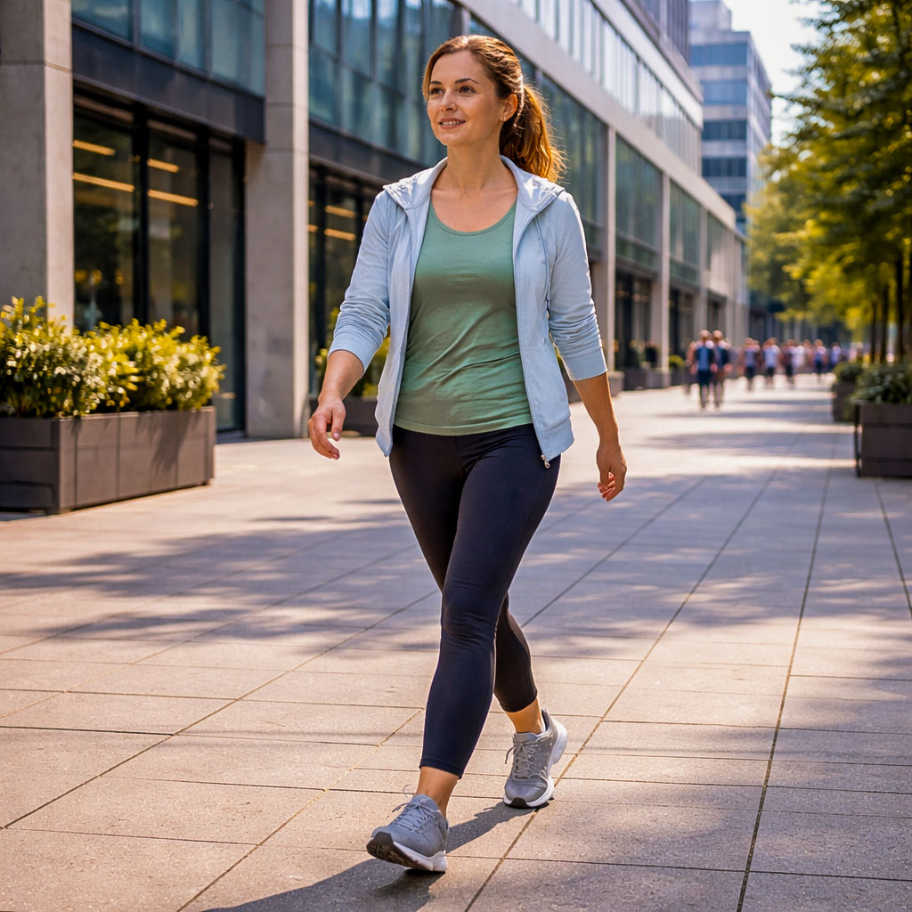 Person walking briskly along a modern city pavement, comparing urban walking with green space walking