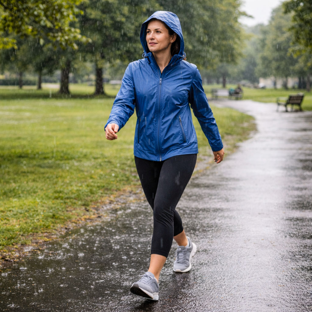Person walking in light rain wearing a waterproof jacket, showing that walking in UK weather still counts