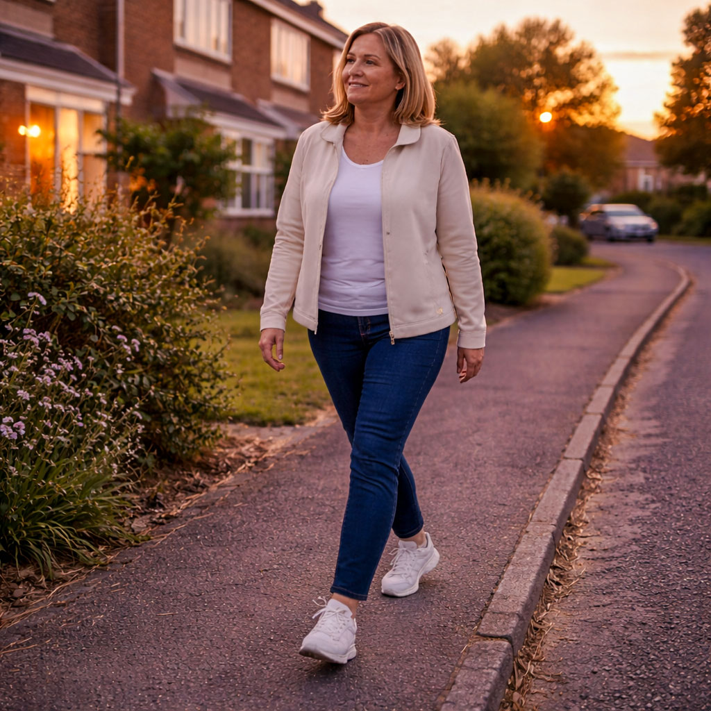 Person walking slowly at dusk with relaxed posture, showing a gentle evening walk that supports sleep