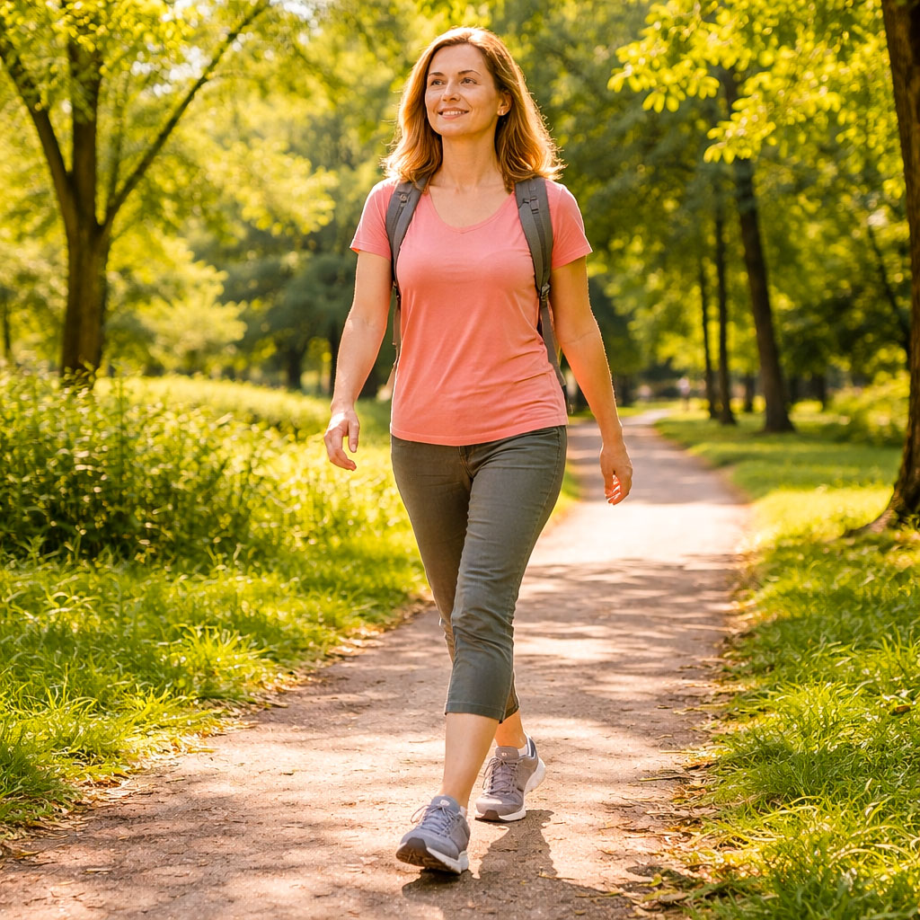 Person walking through a green park with trees and sunlight, demonstrating mental health benefits of walking in nature