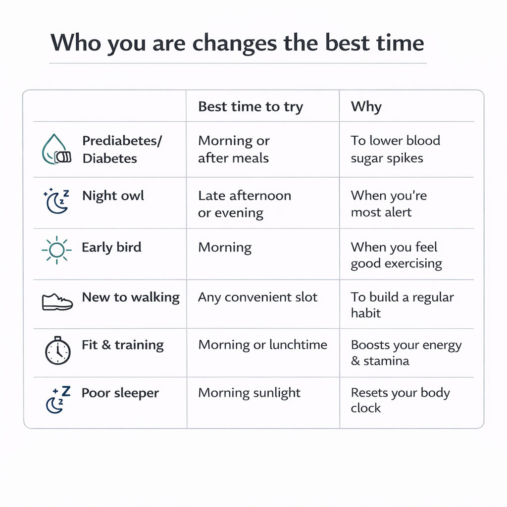Decision tree infographic showing the best time to walk based on personal health goals