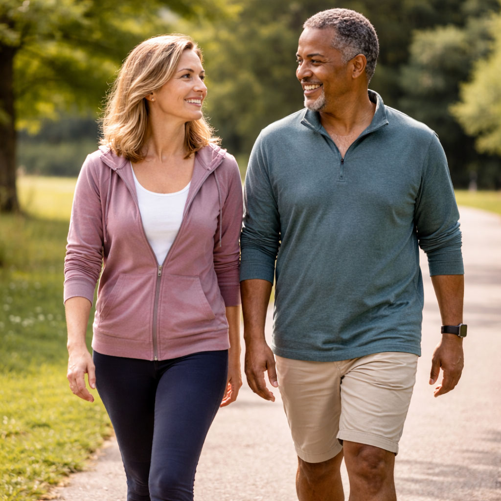 Two adults walking together on a wide path at a relaxed pace, highlighting how consistency matters more than walking time