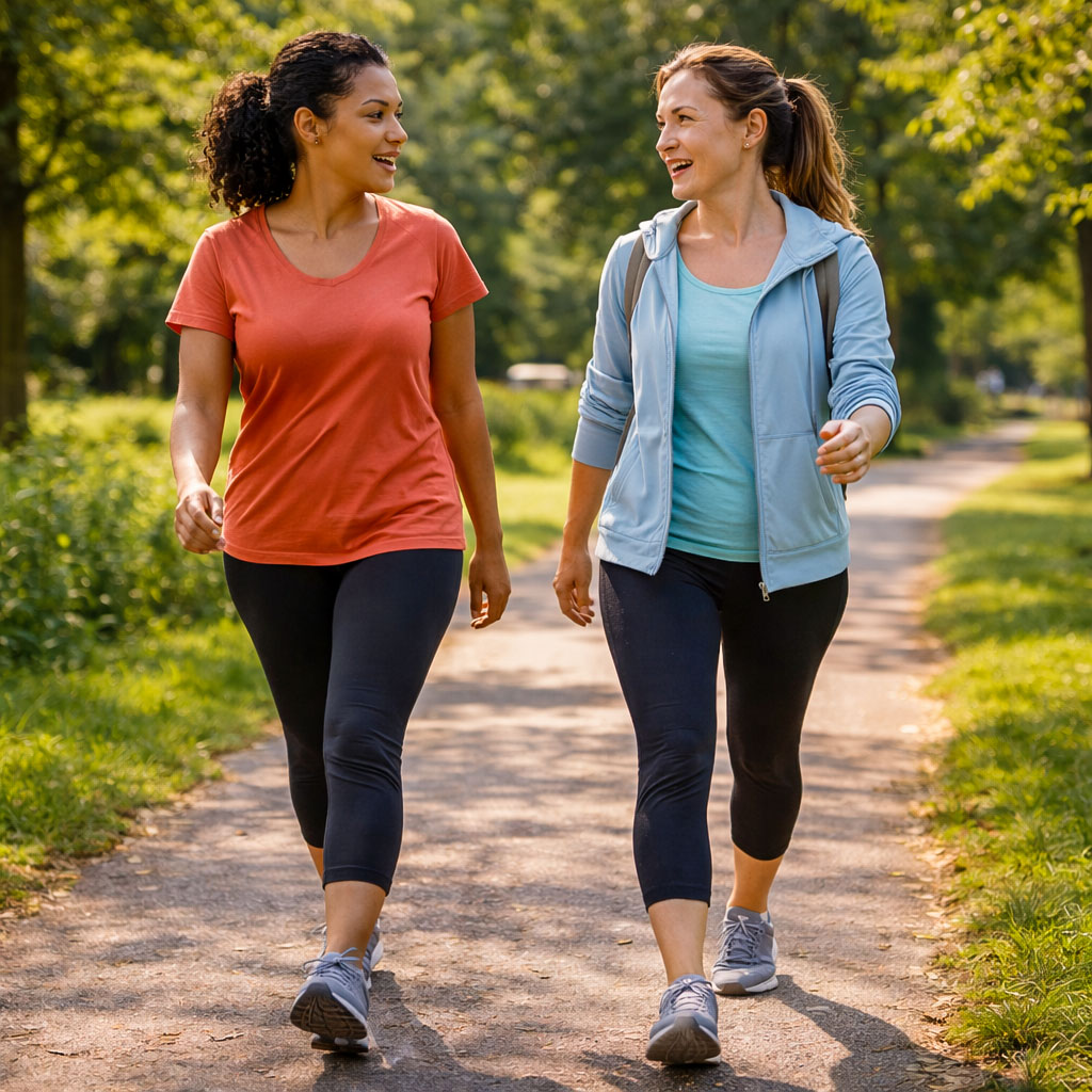 Two people walking briskly while talking, demonstrating moderate walking intensity using the talk test