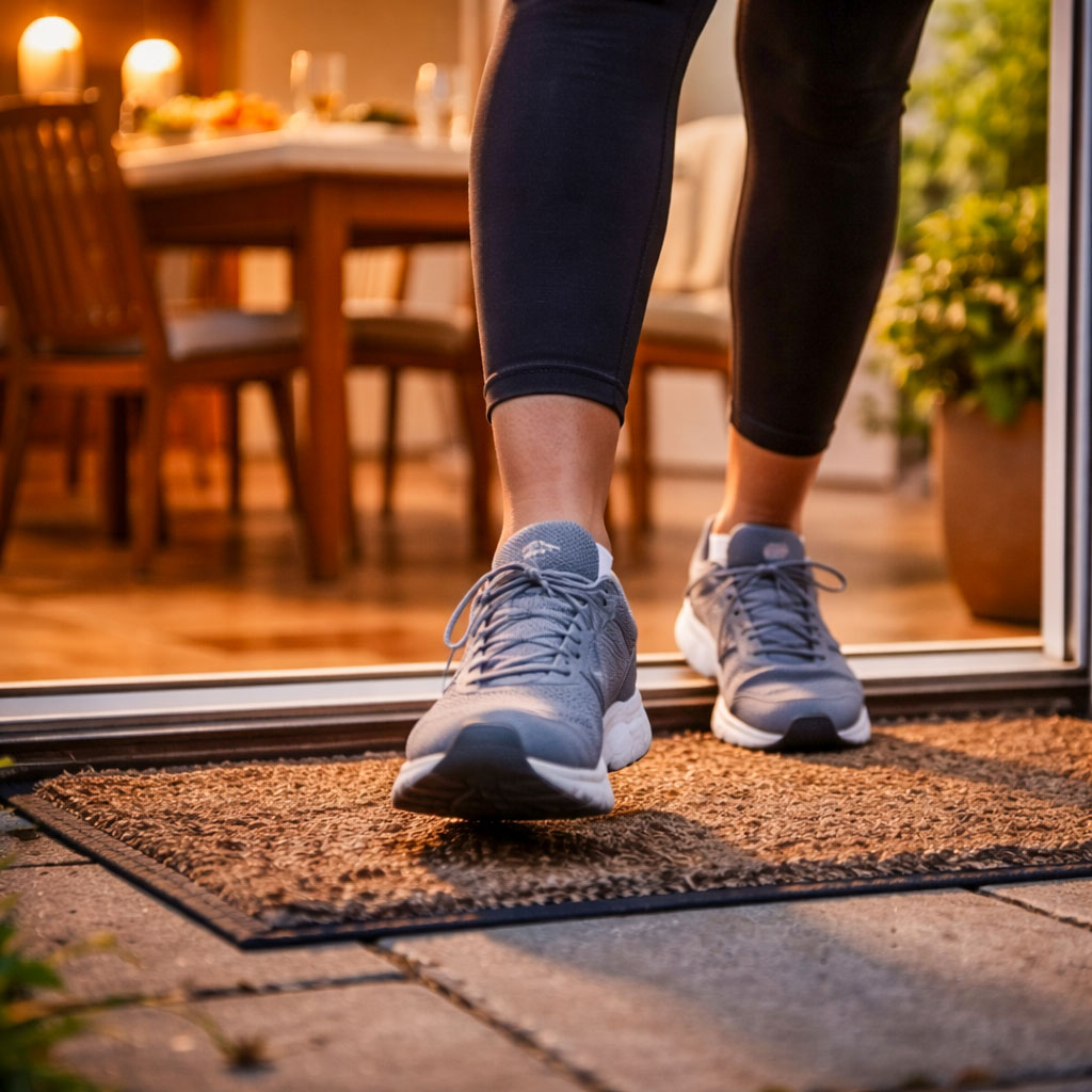 Walking shoes stepping outside after dinner, representing walking after meals to help control blood sugar levels