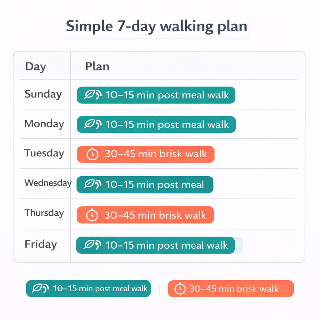 Weekly walking plan infographic showing post-meal walks and longer brisk walks across the week