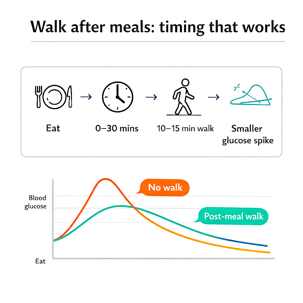 Infographic timeline showing when to walk after eating to reduce blood sugar spikes