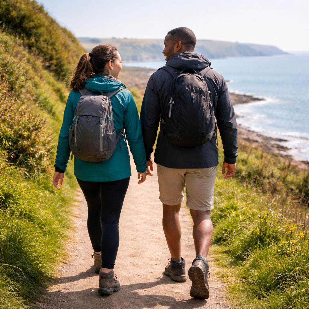 Couple walking side-by-side on a UK coastal path wearing waterproof jackets and daypacks
