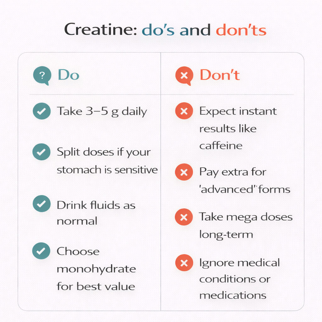 Infographic listing best practices and common mistakes when using creatine supplements