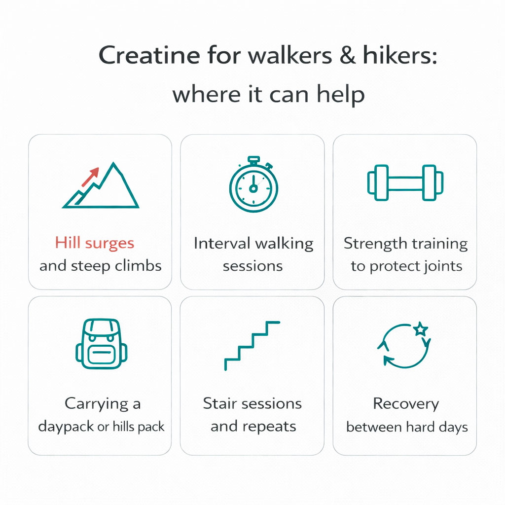 Grid infographic showing how creatine can help hills, intervals, pack carrying and recovery